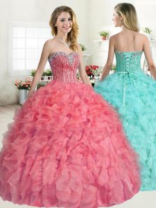 Most Popular Organza Sweetheart Sleeveless Lace Up Beading and Ruffles Vestidos de Quinceanera in Watermelon Red