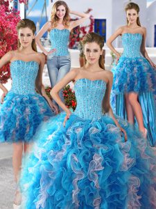 Exquisite Four Piece Beading Quinceanera Dress White and Baby Blue Lace Up Sleeveless Floor Length