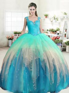 Straps Ruffled Multi-color Sleeveless Tulle Zipper Quinceanera Gowns for Military Ball and Sweet 16 and Quinceanera