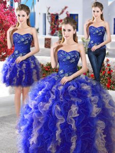 Modern Three Piece Organza Sweetheart Sleeveless Lace Up Beading Quinceanera Gown in Blue