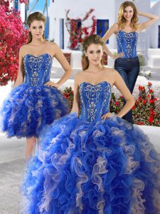 Discount Three Piece Blue Sleeveless Floor Length Beading Lace Up Sweet 16 Quinceanera Dress