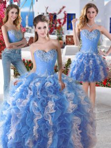 Three Piece Blue And White Ball Gowns Organza Sweetheart Sleeveless Beading Floor Length Lace Up Vestidos de Quinceanera