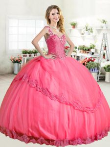 Attractive Halter Top Floor Length Ball Gowns Sleeveless Hot Pink 15th Birthday Dress Lace Up