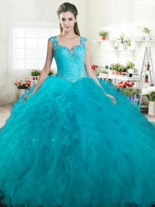 Suitable Straps Teal Ball Gowns Beading and Ruffles Vestidos de Quinceanera Zipper Tulle Sleeveless Floor Length