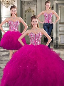 Nice Three Piece Floor Length Lace Up Ball Gown Prom Dress Fuchsia for Military Ball and Sweet 16 and Quinceanera with B
