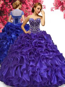 Purple Ball Gowns Organza Sweetheart Sleeveless Beading and Ruffles Floor Length Lace Up Quinceanera Dresses