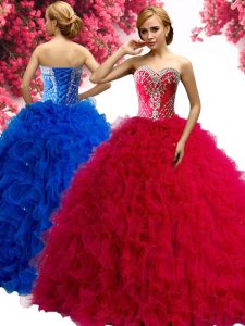 Red Lace Up Sweetheart Beading and Ruffles Sweet 16 Quinceanera Dress Tulle Sleeveless