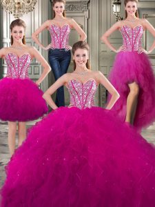 Three Piece Fuchsia Sleeveless Floor Length Beading and Ruffles Lace Up 15th Birthday Dress
