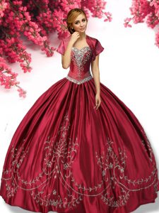 Wine Red Taffeta Lace Up Ball Gown Prom Dress Sleeveless Floor Length Embroidery