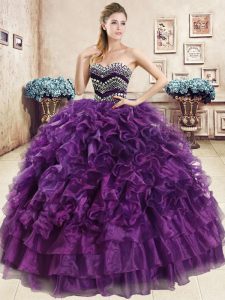 High Class Ball Gowns Quinceanera Dresses Purple Sweetheart Organza Sleeveless Floor Length Lace Up