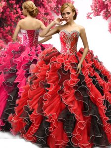 Extravagant Red And Black Sweetheart Neckline Beading and Ruffles Sweet 16 Dress Sleeveless Lace Up