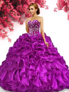 Fine Fuchsia Organza Lace Up 15th Birthday Dress Sleeveless Floor Length Beading and Ruffles