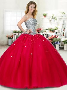 High Quality Red Lace Up Sweet 16 Quinceanera Dress Beading Sleeveless Floor Length
