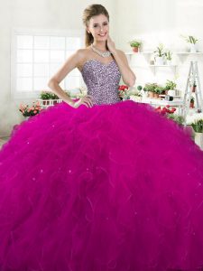 Latest Fuchsia Lace Up Quinceanera Gown Beading and Ruffles Sleeveless Floor Length