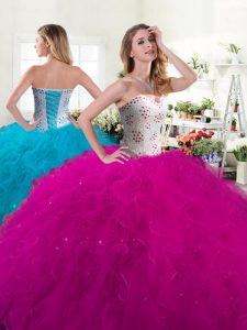 Pretty Floor Length Ball Gowns Sleeveless Fuchsia Quinceanera Gowns Lace Up