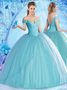 Ball Gowns Sweet 16 Dress Aqua Blue Off The Shoulder Tulle Sleeveless Floor Length Lace Up