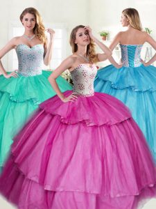 Fashionable Sleeveless Floor Length Beading and Ruffled Layers Lace Up Quince Ball Gowns with Fuchsia