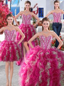 Four Piece Floor Length White and Hot Pink Quinceanera Dresses Organza Sleeveless Beading