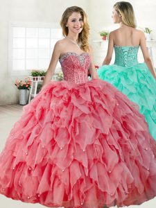 Superior Floor Length Ball Gowns Sleeveless Watermelon Red and Coral Red Sweet 16 Dress Lace Up