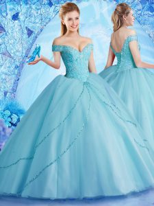 Customized Off the Shoulder Sleeveless Tulle With Brush Train Lace Up Sweet 16 Dresses in Aqua Blue with Beading