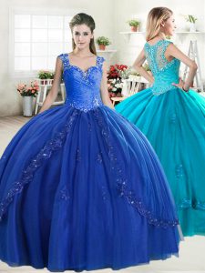 Royal Blue Sleeveless Beading Floor Length Quinceanera Dresses