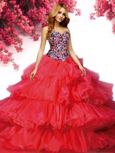 Sleeveless Brush Train Lace Up With Train Beading and Ruffled Layers Quinceanera Gowns