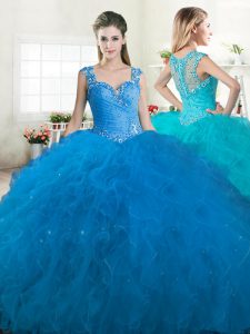 Straps Floor Length Zipper Quinceanera Dress Blue for Military Ball and Sweet 16 and Quinceanera with Beading and Ruffle