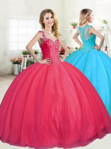 Straps Coral Red Sleeveless Tulle Zipper Quinceanera Gowns for Military Ball and Sweet 16 and Quinceanera