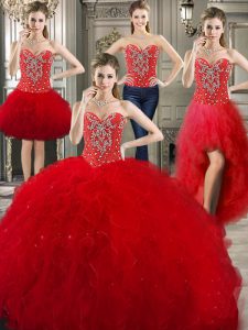 Cute Four Piece Tulle Sweetheart Sleeveless Lace Up Beading and Ruffles Sweet 16 Dress in Red