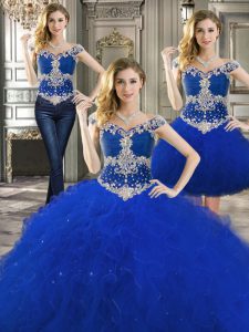 Three Piece Royal Blue Off The Shoulder Lace Up Beading and Ruffles Vestidos de Quinceanera Sleeveless