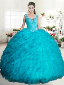 Exquisite Straps Sleeveless Tulle Quinceanera Dresses Beading and Ruffles Zipper