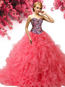 Most Popular Coral Red Sleeveless Organza Brush Train Lace Up Ball Gown Prom Dress for Military Ball and Sweet 16 and Qu