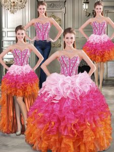 Custom Fit Four Piece Multi-color Ball Gowns Beading Quince Ball Gowns Lace Up Organza Sleeveless Floor Length