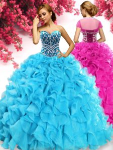 Fantastic Sweetheart Sleeveless Sweet 16 Dresses Floor Length Beading and Ruffles Aqua Blue Organza