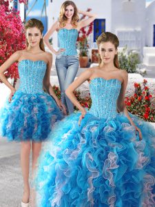 Three Piece Floor Length Lace Up Sweet 16 Quinceanera Dress White and Baby Blue for Military Ball and Sweet 16 and Quinc