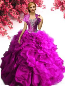 Elegant Sleeveless Floor Length Beading and Ruffles Lace Up Sweet 16 Quinceanera Dress with Fuchsia