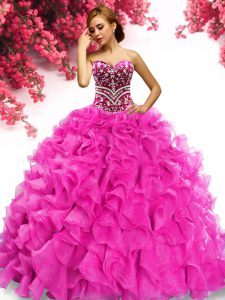 Adorable Hot Pink Sleeveless Sweep Train Beading and Ruffles Sweet 16 Dresses