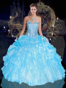 Dynamic Sleeveless Floor Length Beading and Ruffles Lace Up Quinceanera Gowns with Blue