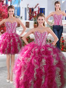 Three Piece White and Hot Pink Lace Up 15 Quinceanera Dress Beading Sleeveless Floor Length