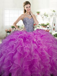 Romantic Beading and Ruffles 15 Quinceanera Dress Fuchsia Lace Up Sleeveless Floor Length