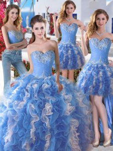 Sophisticated Four Piece Blue And White Sweetheart Lace Up Beading 15th Birthday Dress Sleeveless
