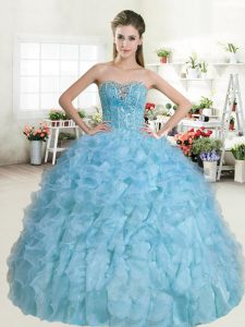 Customized Baby Blue Lace Up 15 Quinceanera Dress Beading and Ruffles Sleeveless Floor Length