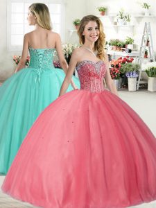 Customized Tulle Sweetheart Sleeveless Lace Up Beading Vestidos de Quinceanera in Pink