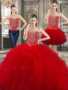 Three Piece Red Sweetheart Neckline Beading and Ruffles Quince Ball Gowns Sleeveless Lace Up