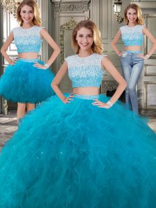 Exquisite Three Piece Teal Scoop Backless Beading and Ruffles Quinceanera Gowns Cap Sleeves