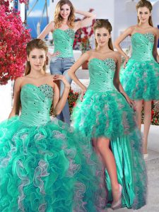 Super Four Piece White and Turquoise Ball Gowns Beading Sweet 16 Quinceanera Dress Lace Up Organza Sleeveless Floor Leng