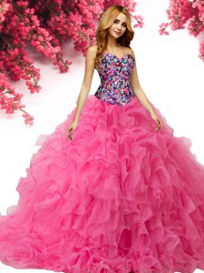 Sweetheart Sleeveless Ball Gown Prom Dress Floor Length Beading and Ruffles Hot Pink Organza