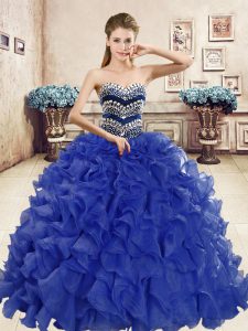 Blue Ball Gowns Beading and Ruffles Ball Gown Prom Dress Lace Up Organza Sleeveless Floor Length