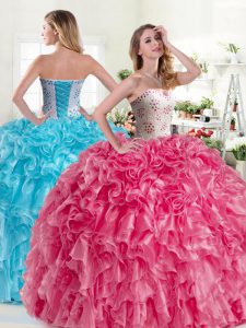 Superior Beading and Ruffles Quinceanera Dresses Pink and Aqua Blue Lace Up Sleeveless Floor Length