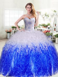 Custom Designed Blue And White Ball Gowns Sweetheart Sleeveless Organza Floor Length Lace Up Beading and Ruffles Vestido